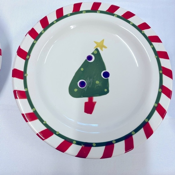 🎄4 Pier 1 Holiday Dessert Tree Candycane Rim Hand painted Ironstone 7.5” Plates - Picture 1 of 10